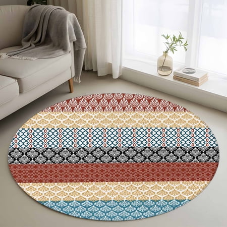 Boho Orange Round Area Rug 3 FT Small Kitchen Bathroom Mats Yellow Geometric Stripes Turquoise Bohemia Washable Indoor Outdoor Throw Runner Carpet Non-Shedding Doormat for Table Shower Sofa Entryway