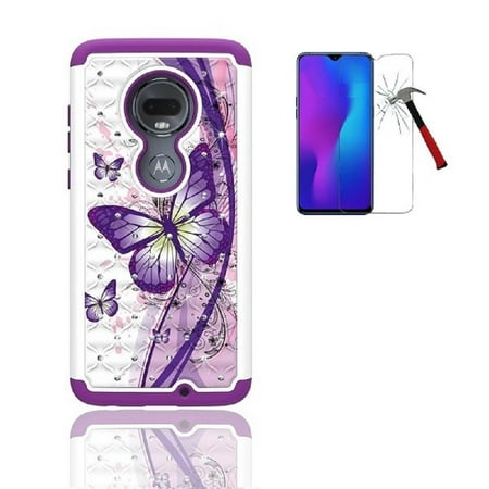 Motorola Moto G7 Phone Case/ Moto G7 Plus XT1965-2 Phone Case, Rhinestone Crystal Bling Shockproof Cover [Tempered Glass] (Purple Butterfly)