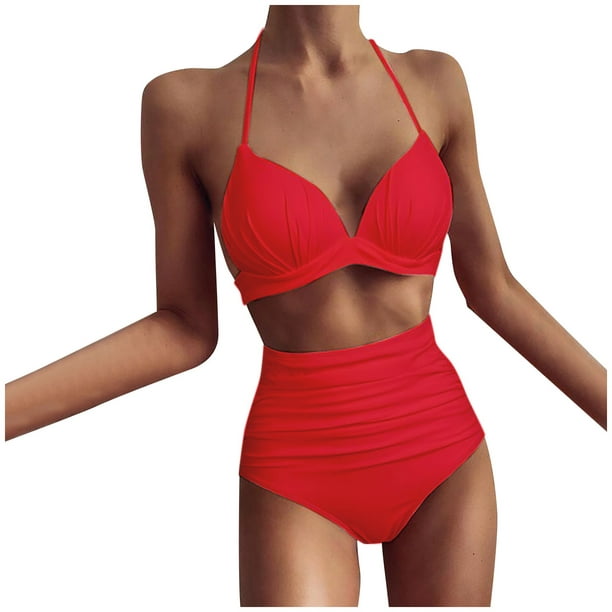 PMUYBHF Female Bikini sets for Women High Waisted Thong Women's Split  Swimsuit Simple Solid Color Bandage 2 Piece Mini Bikini Red L 
