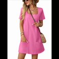 thumbnail image 3 of Ladies Solid Color Square Neck Short Sleeve Fashion Casual Pocket Dress Rose Red L, 3 of 9