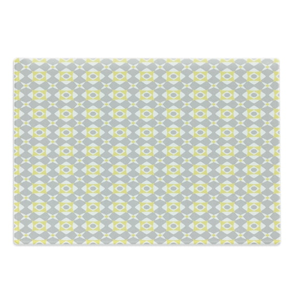 Grey and Yellow Cutting Board, Tile Inspired Squares Rounds in Triangles Image, Decorative Tempered Glass Cutting and Serving Board, Large Size, Pale Yellow Pale Grey, by Ambesonne