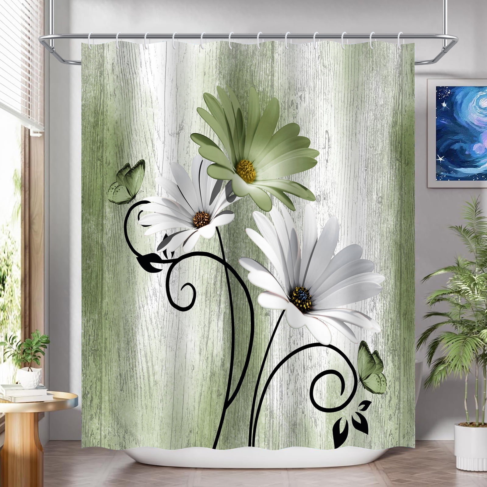 Hadint 4Pcs Grass Green Daisy Floral and Butterfly Shower Curtain Set, Shower Curtain and Rug Set, 12 Pcs Hooks, 71inx71in