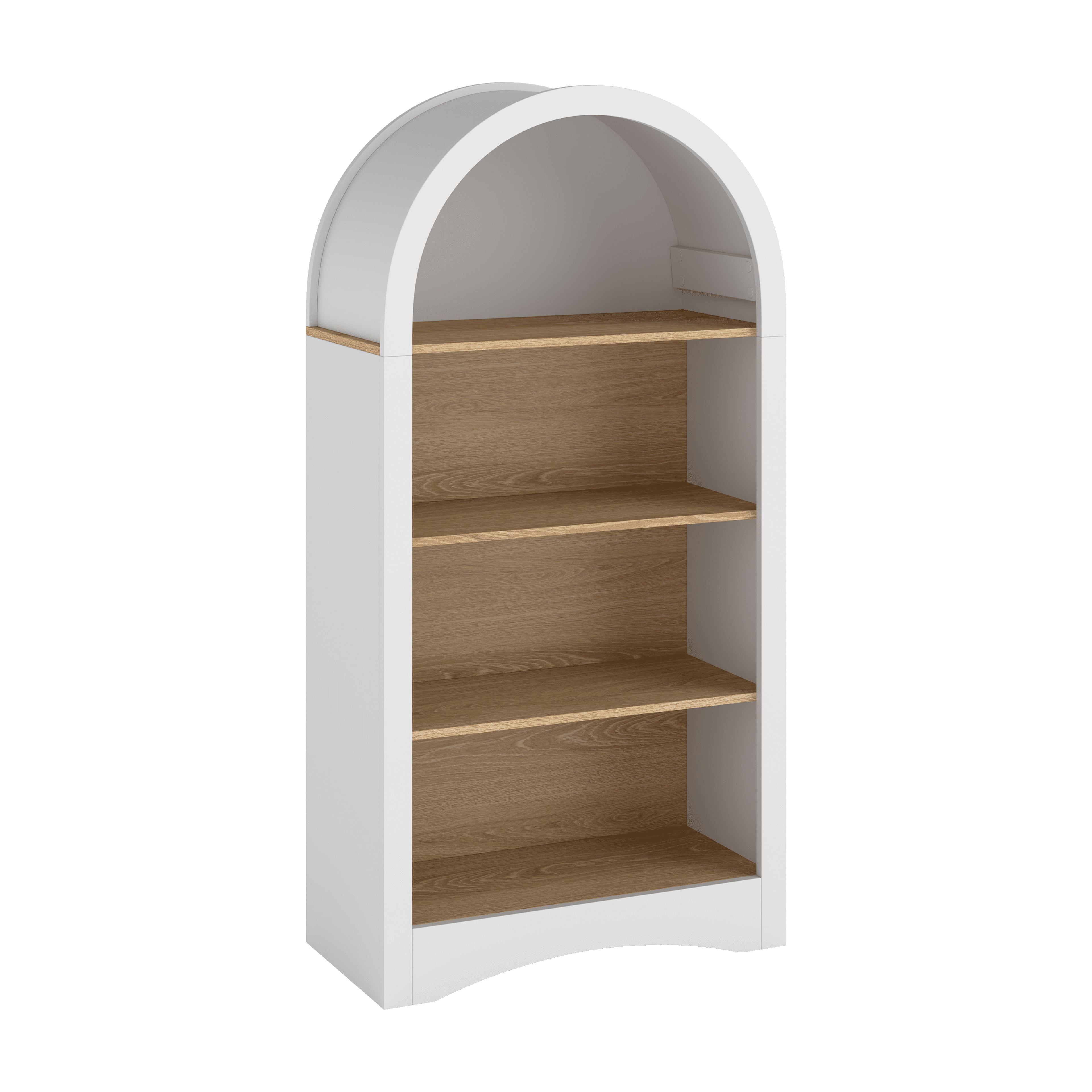 47 Inch Arched Freestanding Display Rack, White Frame 4-Tier Woodgrain Open Storage Shelf, Curved Base Accent Bookcase for Living Room Bedroom Entryway Small Spaces