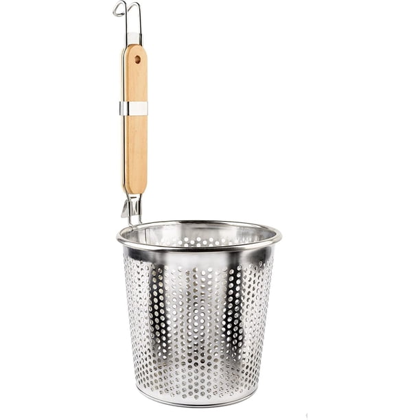 Nvzi Colador de alimentos de acero inoxidable con mango de gancho de madera: ideal para enjuagar pastas, fideos, frutas y hervir a fuego lento; se adapta a la mayoría de las ollas, fácil de limpiar