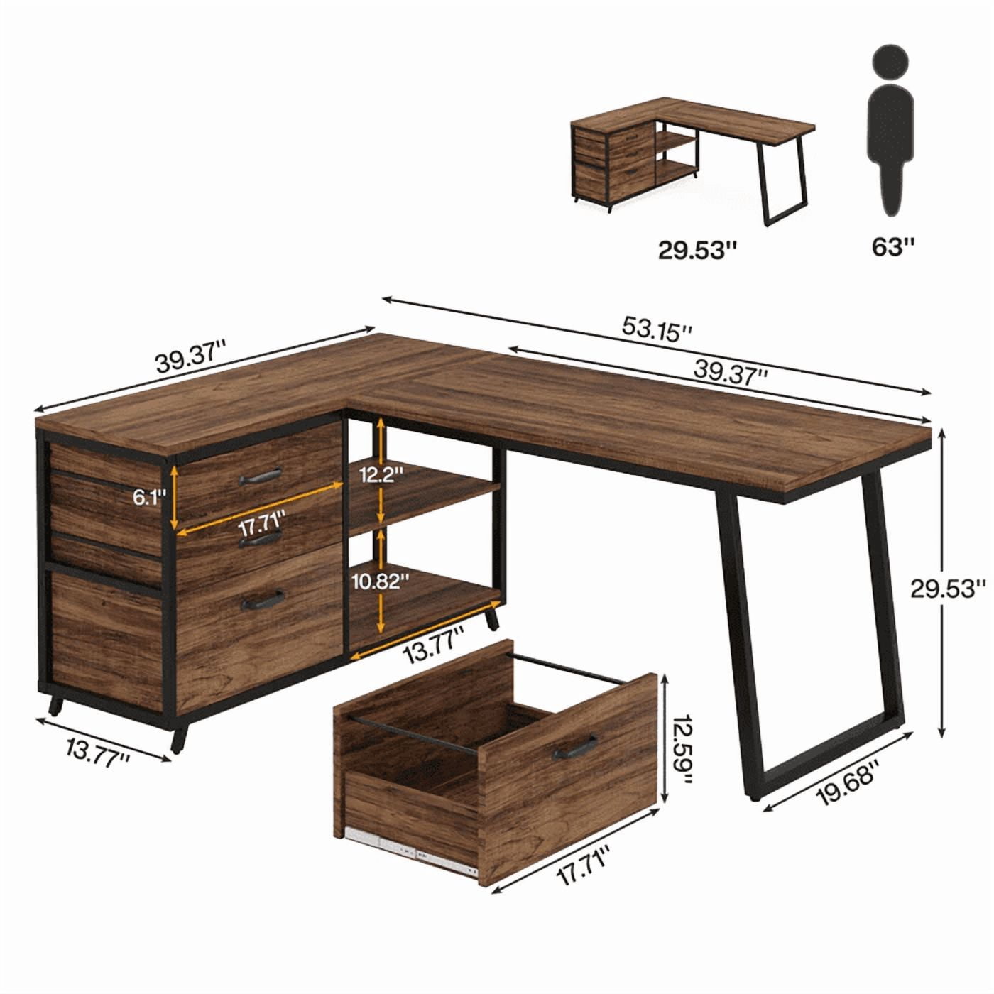 53" Reversible L-Shaped Computer Desk With 3 Drawers & Shelves - Spacious Workstation For Home Office, Study & Gaming (Rustic Brown)