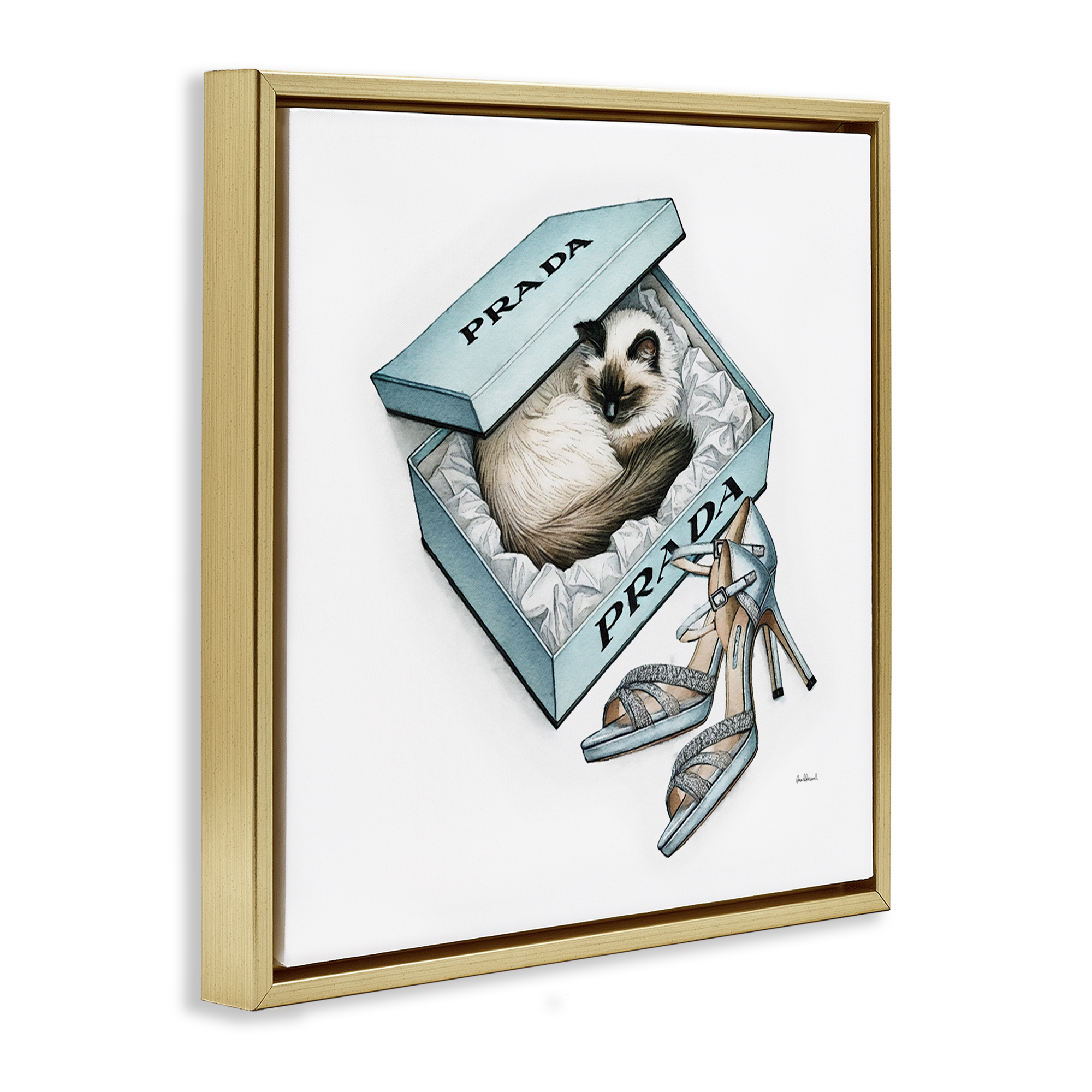 Stupell Industries Sleepy Kitten in Shoebox Animals Painting Gold Floater Framed Canvas Art Print Wall Art, 18 x 18