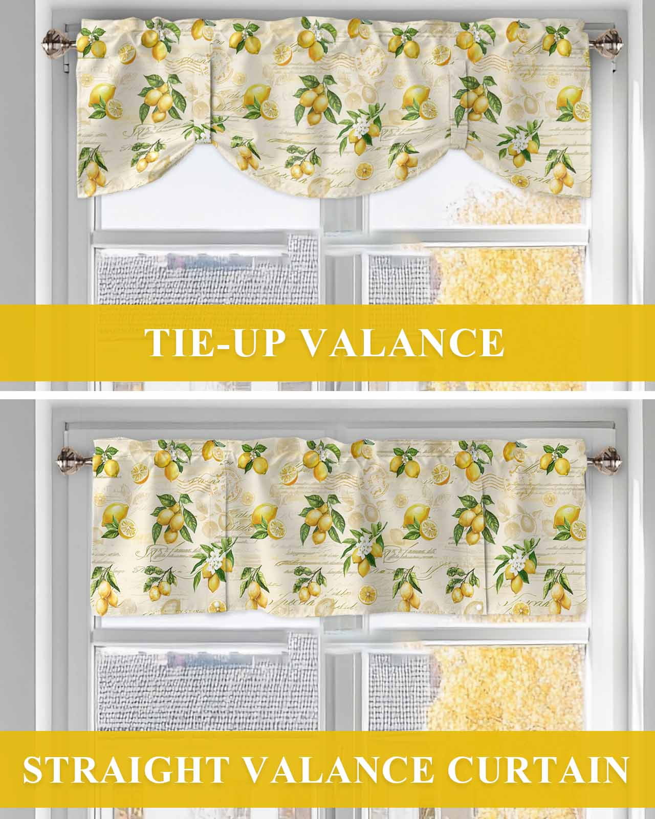 Vintage Lemon Tie Up Valances Curtain, Adjustable Kitchen Leaf Yellow Fruit Letter Background Farmhouse Valances for Windows Decor, Rod Pocket Short Curtains Set for Bedroom/Bathroom, 54"x18"