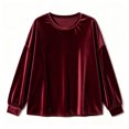 thumbnail image 5 of thefmos Women's Round Neck Velvet Pullover Top Long Sleeve Solid Color Casual Loose Fit Sweatshirt Trendy Fall Winter Outfit, Wine L, 5 of 6