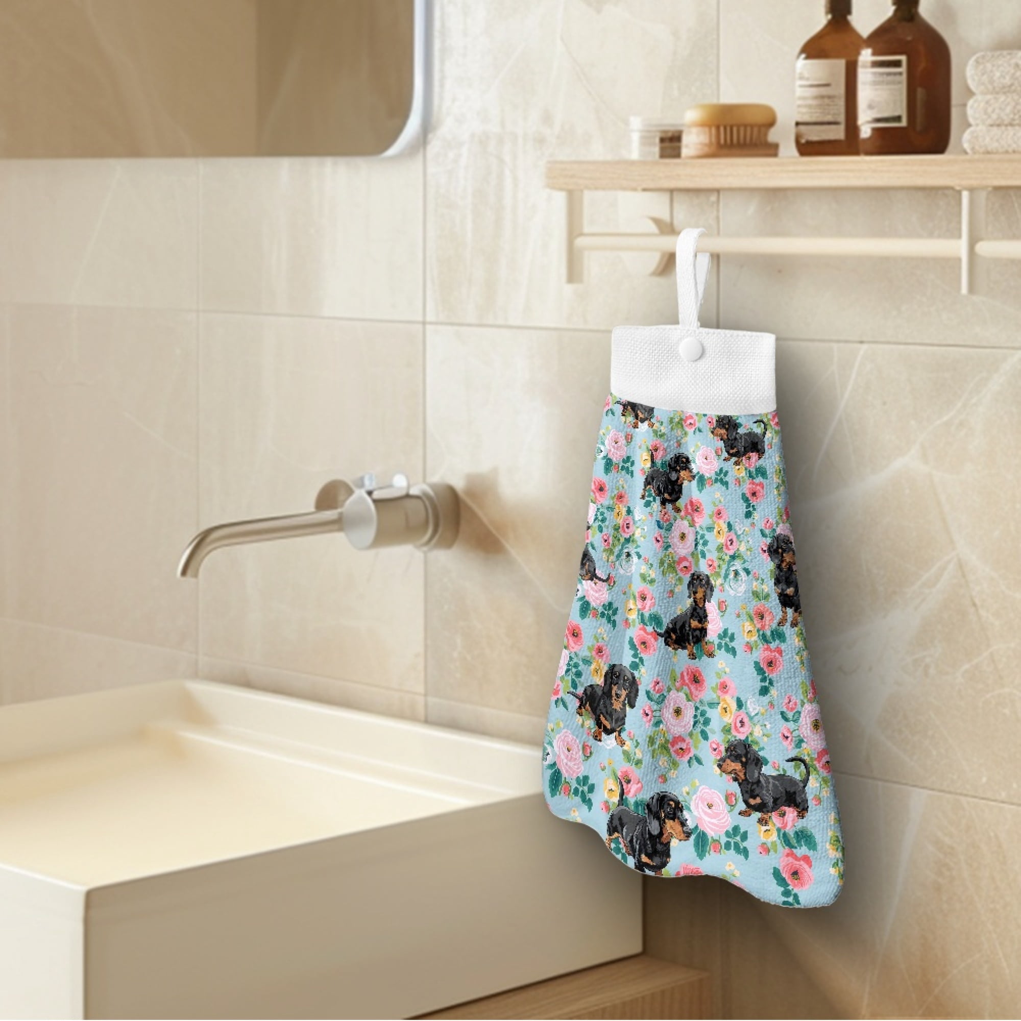 SEANATIVE Dachshund Hand Towels with Hanging Loops Flowers Fast Drying Hand Towels for Bathroom 3 Pcs Kitchen Hand Tie Towel Washable Hand Towels for Hotel Spa Gym Indoor Home Fingertip Towel