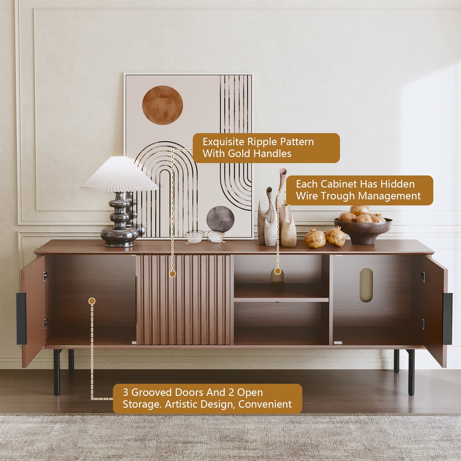 HLR Mid Century Fluted 66" TV up to 75" Stand with Storage, Modern Wooden Entertainment Center Console for Living Room, Brown