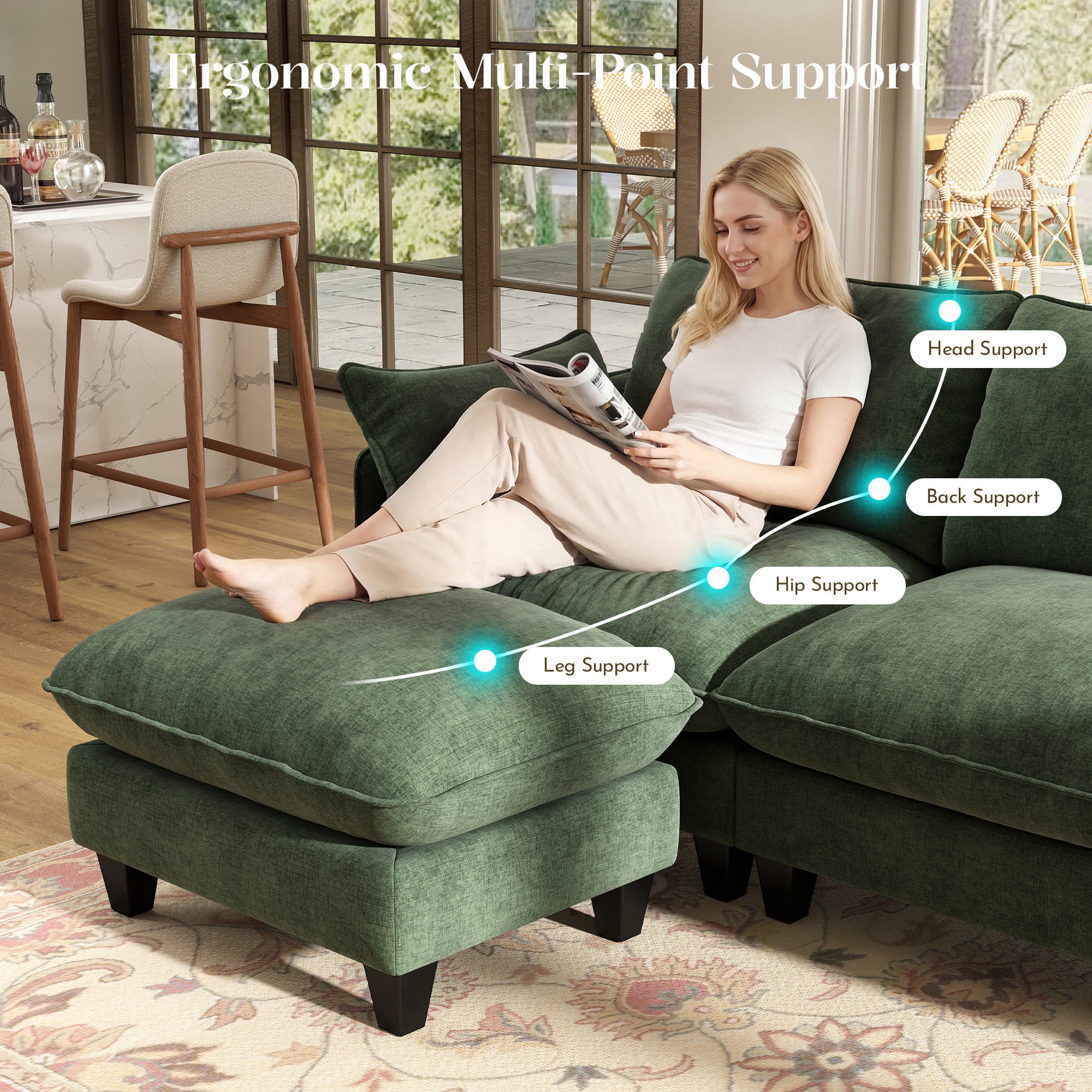 BedLuxury 105" Modular Sectional Sofa with Movable Ottoman, L-Shaped Deep Seat Cloud Couch for the Living Room, 3-Seat, Green