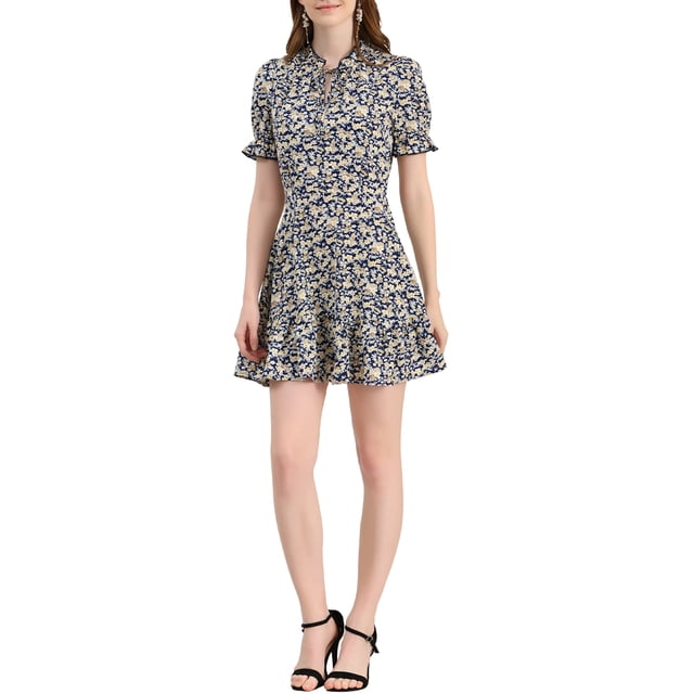 INSPIRE CHIC Robe Évasée à Volants à Fleurs avec Nœud en Mousseline à Manches Courtes Bouffantes pour Femme TG Bleu-Jaune