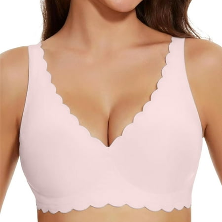 Plunge Bra  Fadeal Women Deep V No Jelly Underwear Thin and Large Chest Comfortable Large Size Bra Seamless Bra Pink 3XL