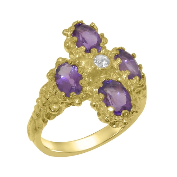 LBG British Made 9k Yellow Gold Natural Diamond & Amethyst Womens Statement Ring - 33 size options - Size 10