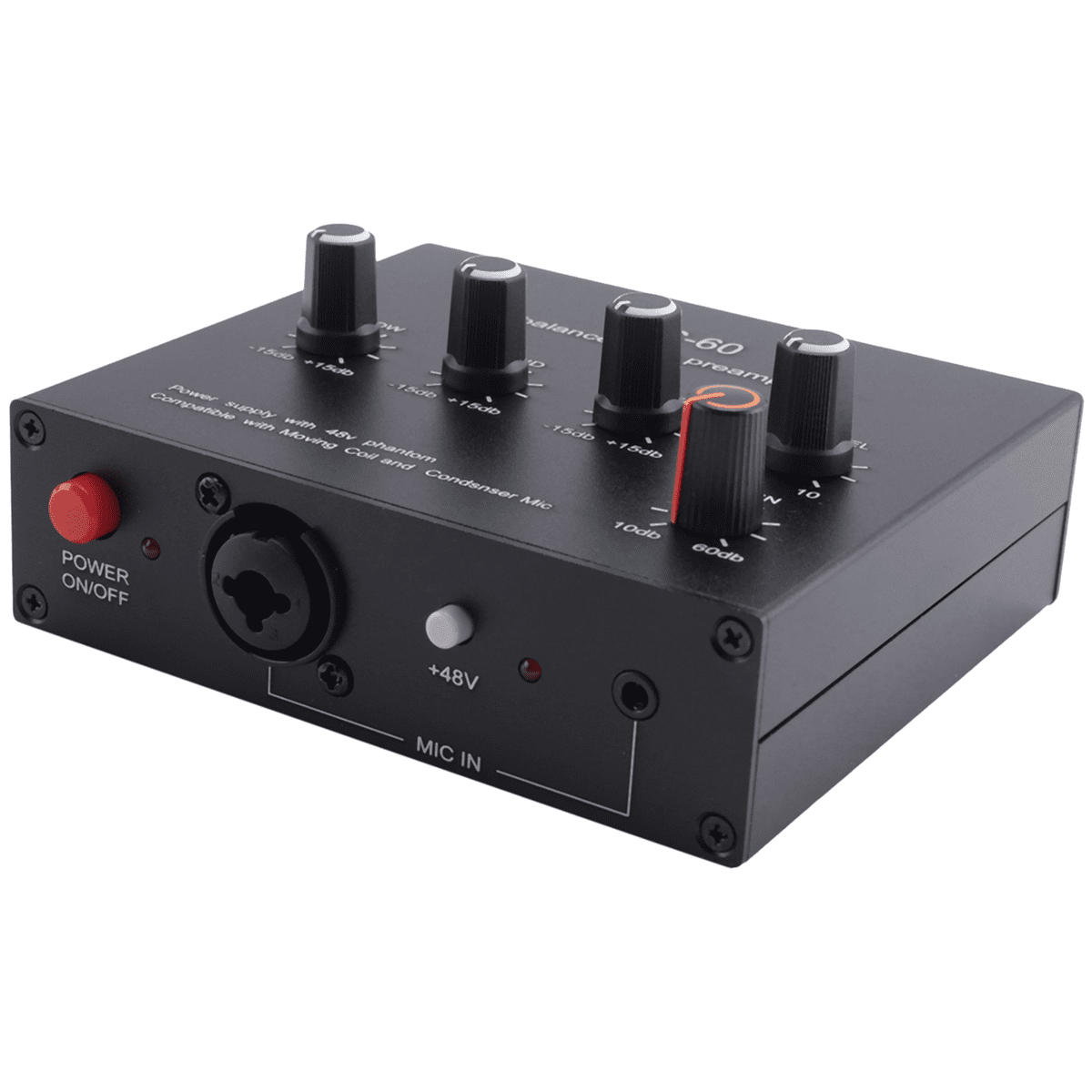 MIC-60 3-Band Equalizer Balanced Mic Preamp Microphone Preamplifier with DC Cable and 6.5mm Cable,1 x Main unit 1 x DC cable 1 x male to male cable,Black