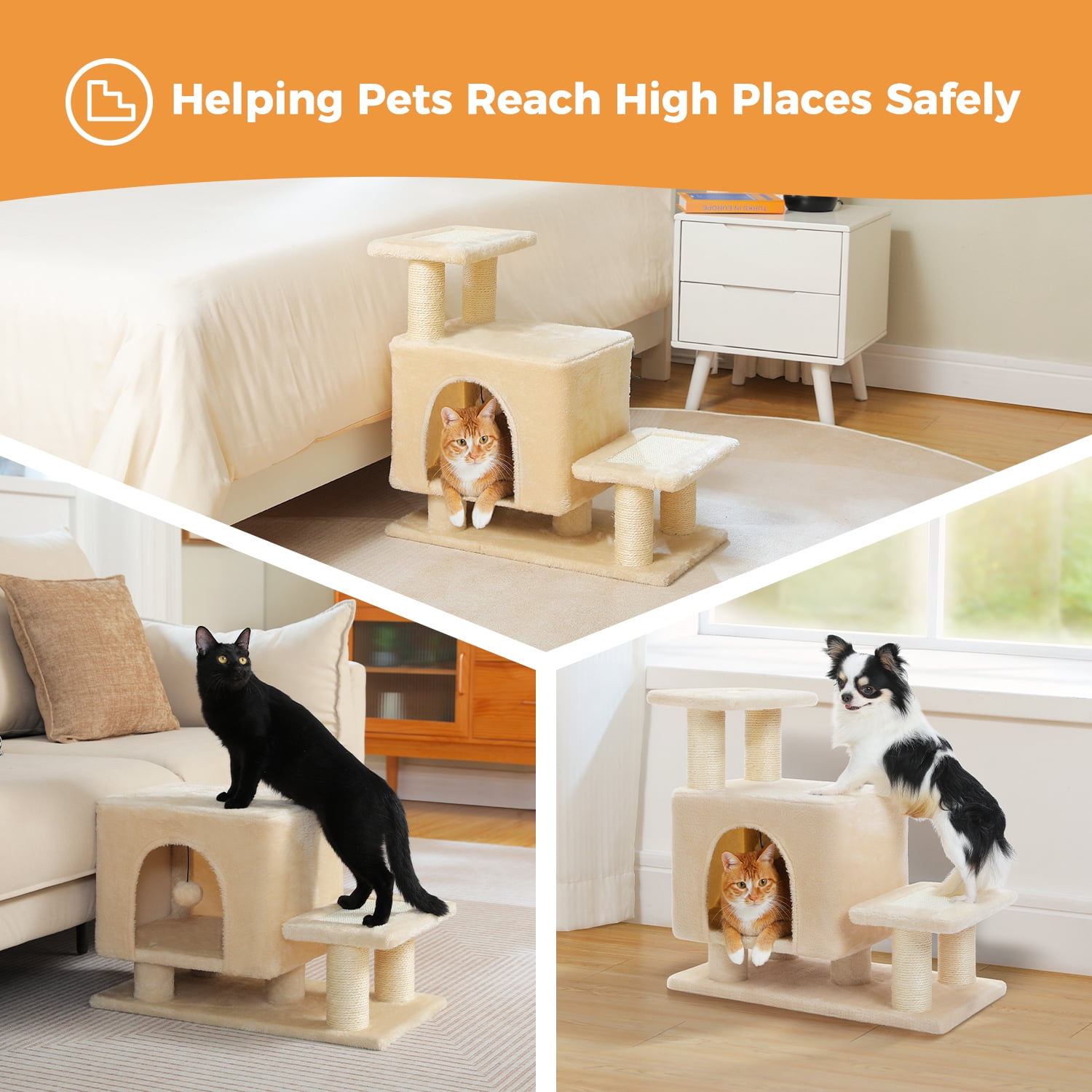 PAWZ Road 21.3" Dog Stairs with Scratching Post 3-Step Pet Stairs with Cat Condo for Small Dog Beige