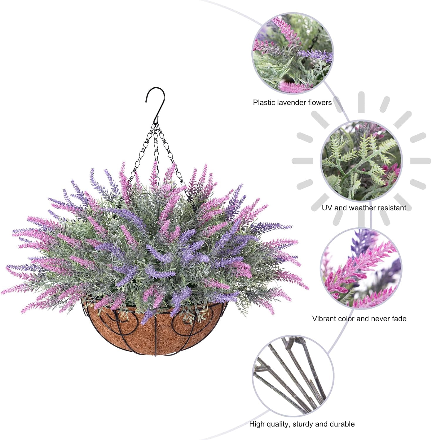 Artificial Fake Hanging Flowers Plants Basket for Outdoor Spring Decor, Faux Lavender in Pot Planter Realistic UV Resistant for Home Outside Patio Porch Balcony Yard