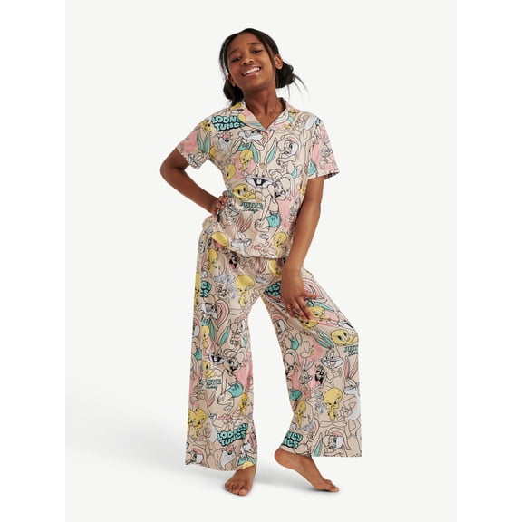 Looney Tunes X Justice Girls Short Sleeve Button Front Sleep Top and Sleep Pants, 2-Piece, Sizes 5-18