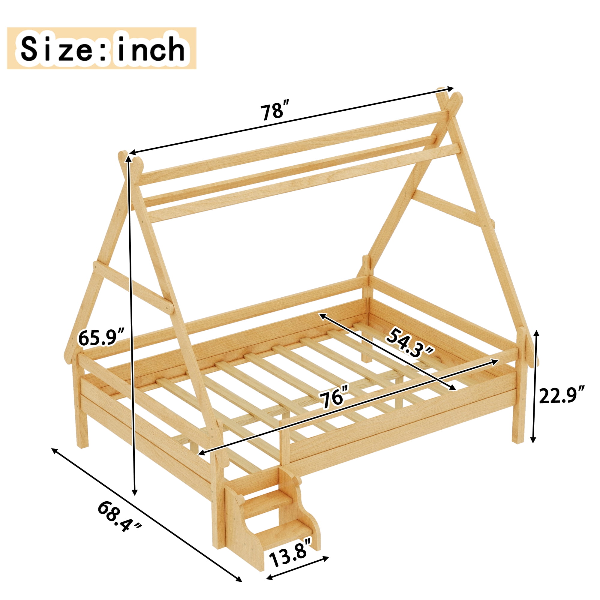 Miniyam Full House Platform Bed with Stairs, Solid Wood Kids Bed with Low Profile Design, Natural