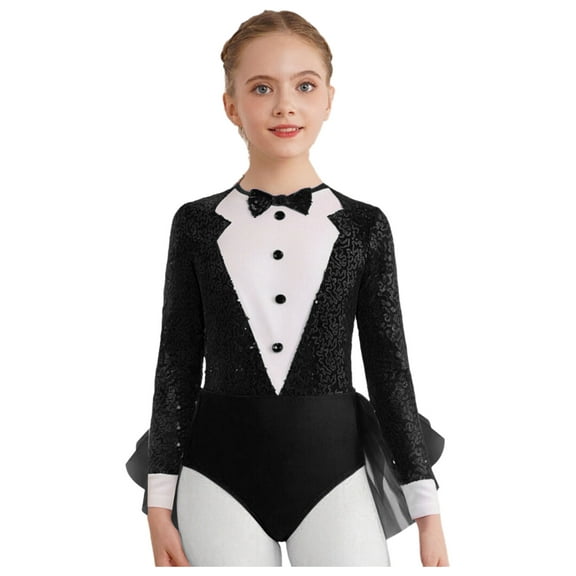 TTAO Kids Girls Sequins Modern Jazz Dance Leotard Bodysuit Long Sleeve Feather Tutu Dress Shiny Ballet Dancewear Black 10