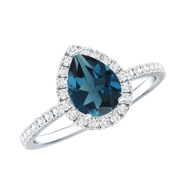 Rosec Jewels London Blue Topaz Teardrop Engagement Ring with Halo - Natural Blue Topaz Diamond Ring for Women, 925 Sterling Silver, US 4.00
