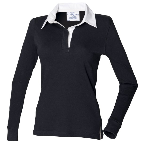 Front Row- Polo liso de manga larga con cuello tipo rugby para mujer (Blanco/Negro)