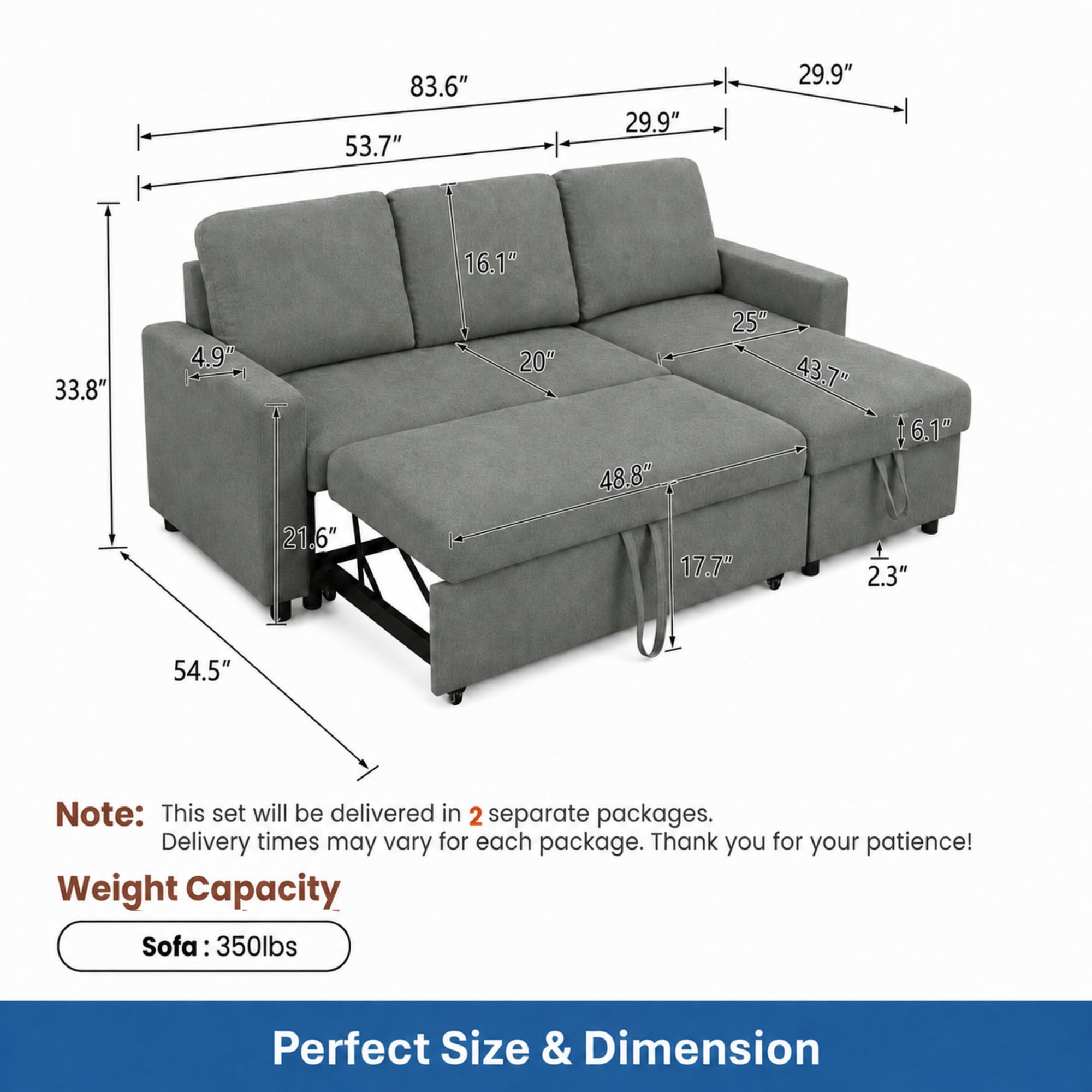 TiramisuBest L-Shaped Convertible Sofa Bed with Reversible & Storage Chaise,84"W Fluffy Flannel Sectional Sleeper for Living Room,Dark Gray
