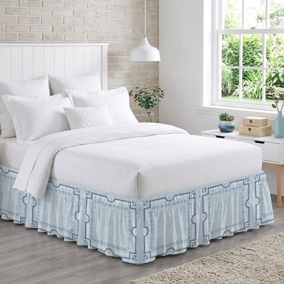 Blue Farmhouse Bed Skirt King Size 18 Inch Drop, Linen Texture Geometric Lines Floral Adjustable Elastic Dust Ruffles Bedskirt for King Bed Wrap Around Pleated Mattress Frame Cover
