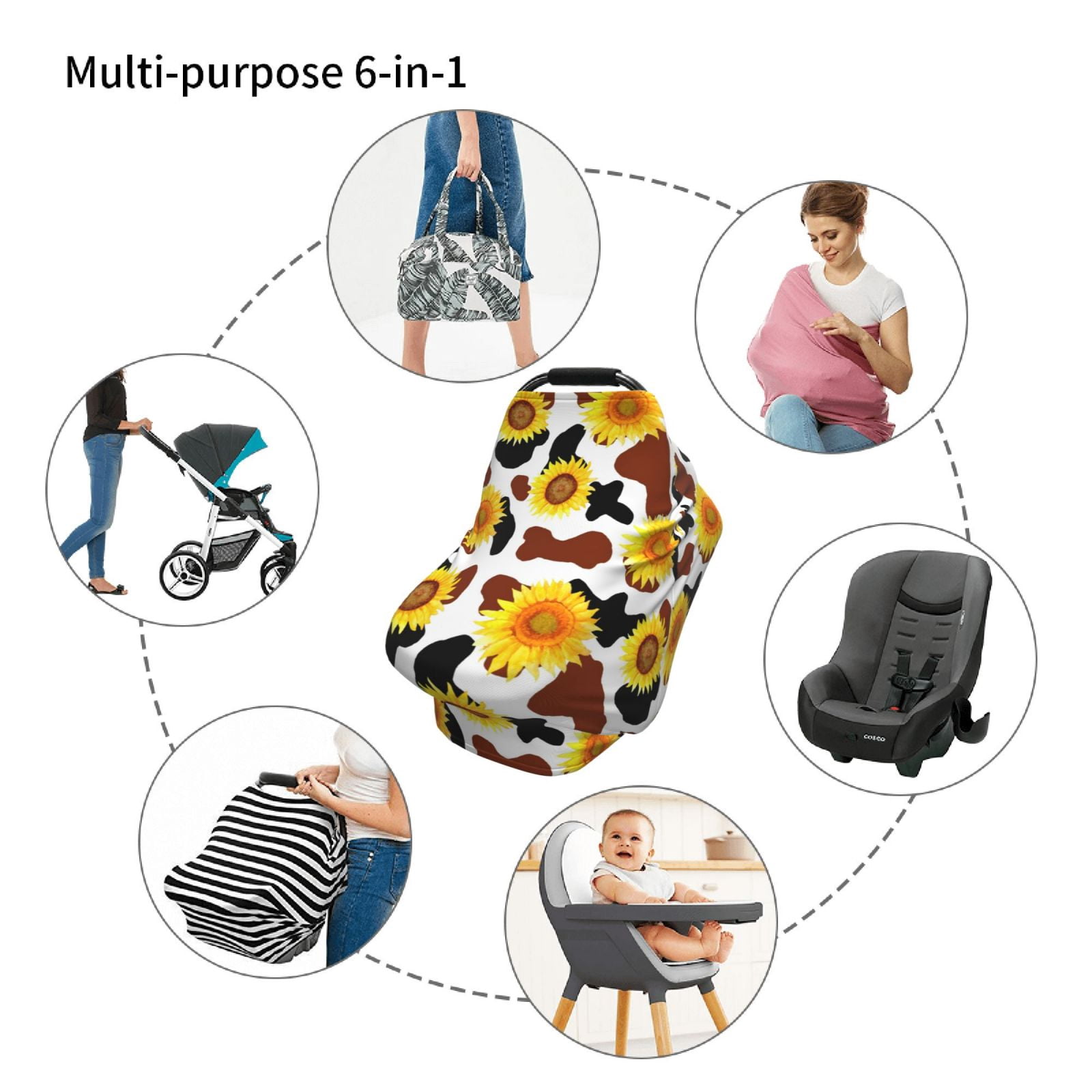 Fotbe Cow Print Sunflower Pattern Car Seat Covers for Babies, Nursing Breastfeeding Cover Infant Carseat Canopy, Soft Stretchy Carrier Cover