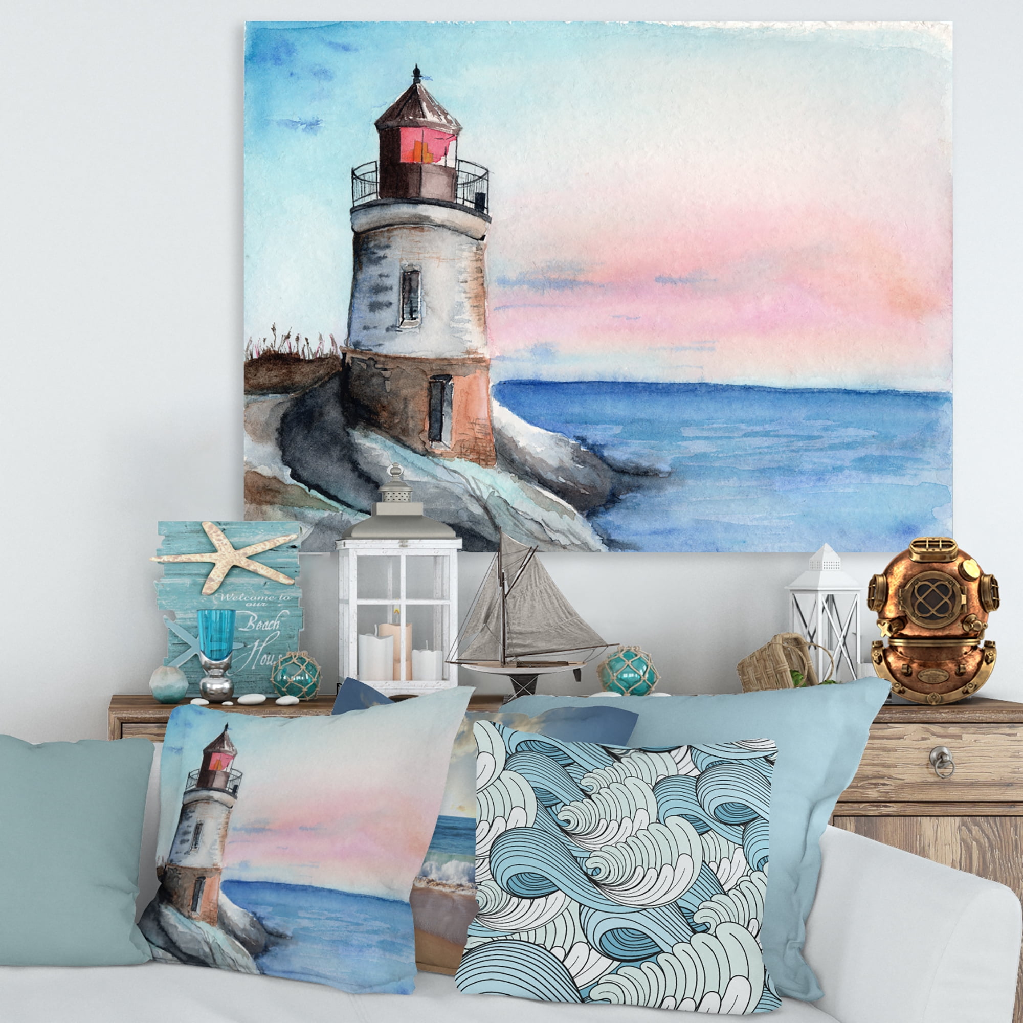 Designart ' A Lighthouse On A Rock Shore At Dawn ' Nautical & Coastal Canvas Wall Art Print