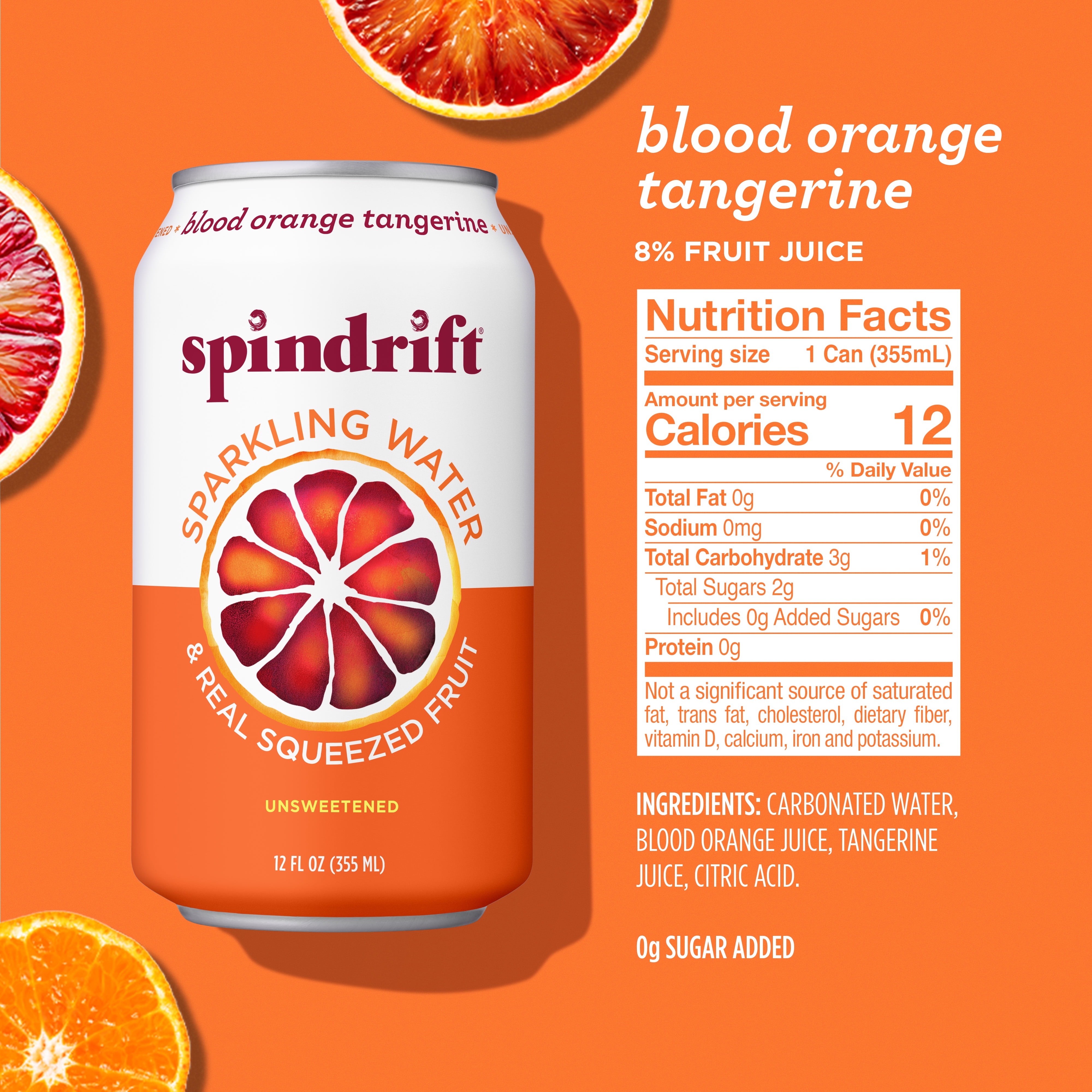 Spindrift Sparkling Water, Blood Orange Tangerine Flavored,  Made with Real Squeezed Fruit, 12 fl oz, 8 Count, No Sugar Added, 12 Calories per Can
