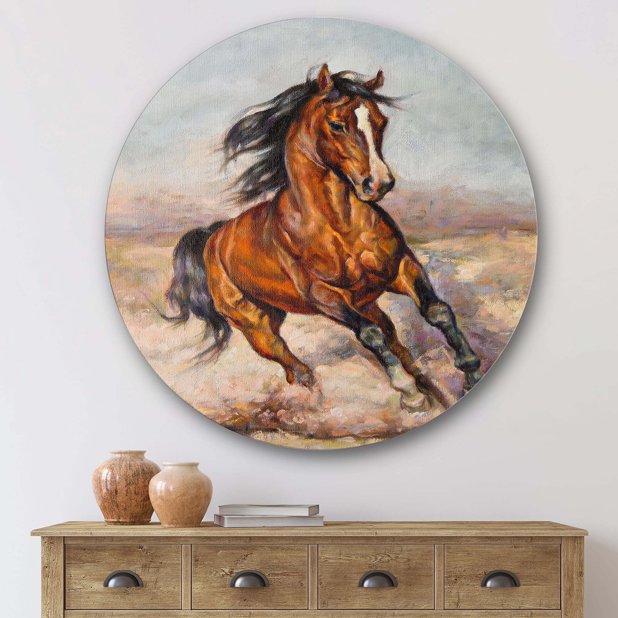 Designart 'A Brown Horse In The Race' Farmhouse Circle Metal Wall Art 36x36 - Disc of 36