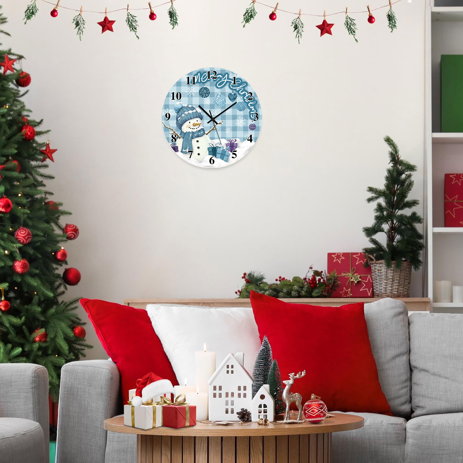 Sanmadrola Christmas Decoration Wall Clock Home Indoor Decor Silent Non Ticking Wooden 12'' Snowman