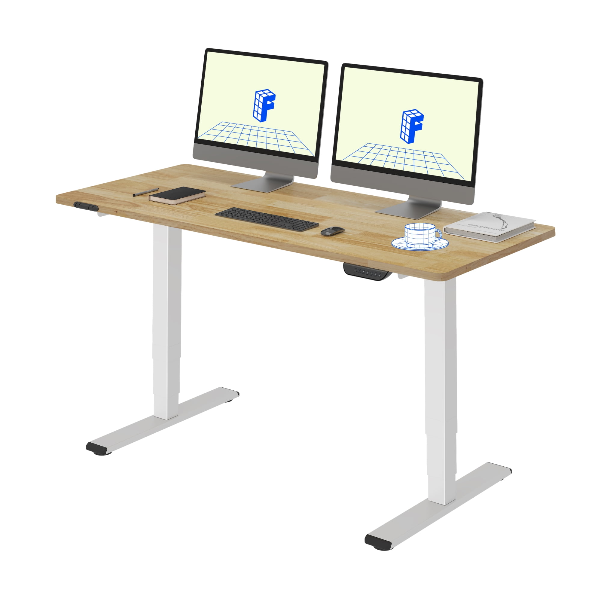 FLEXISPOT E6 55"x24" Dual Motors 3-Stage Standing Desk Solid Wood Home Office Height Adjustable Desk with Wheels, Solid Rubber Wood Desktop and White Frame
