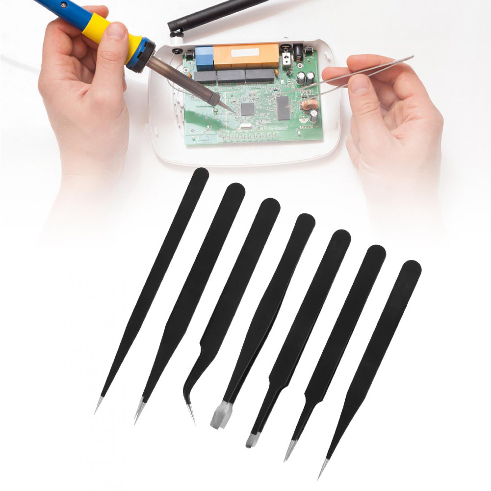 7pcs Anti-static Tweezer Tool Genuine Straight Bend Plastic Heat Resistant Top 