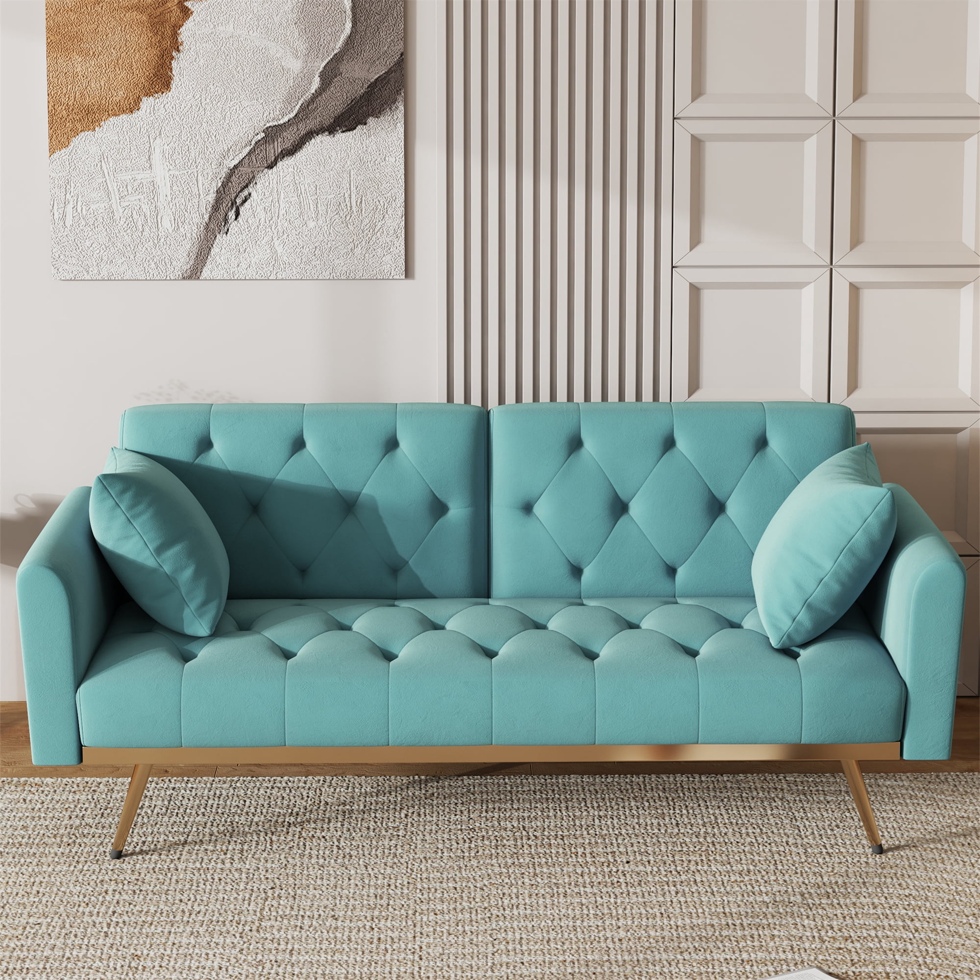 Aukfa Velvet Futon Convertible Sofa Bed for Home Office, 2 Pillows, Upgraded Metal Base, Teal