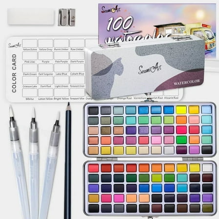 100 Colors Watercolor Paint Set - 50 Regular, 35 Metallic, 10 Macaron and 5 Fluorescent Colors - Portable with Carrying Case, Water Brush Pens,and Accessories-For Beginners and Professionals
