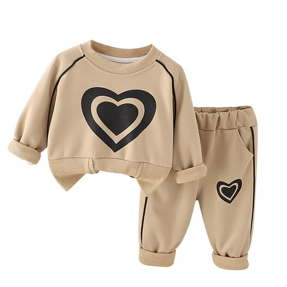 Boys Girls Sweatsuits Love Heart Print Crewneck Sweatshirt and Jogger Pant Sets 2 Piece Fall Winter Outfits (2 Years, Khaki)
