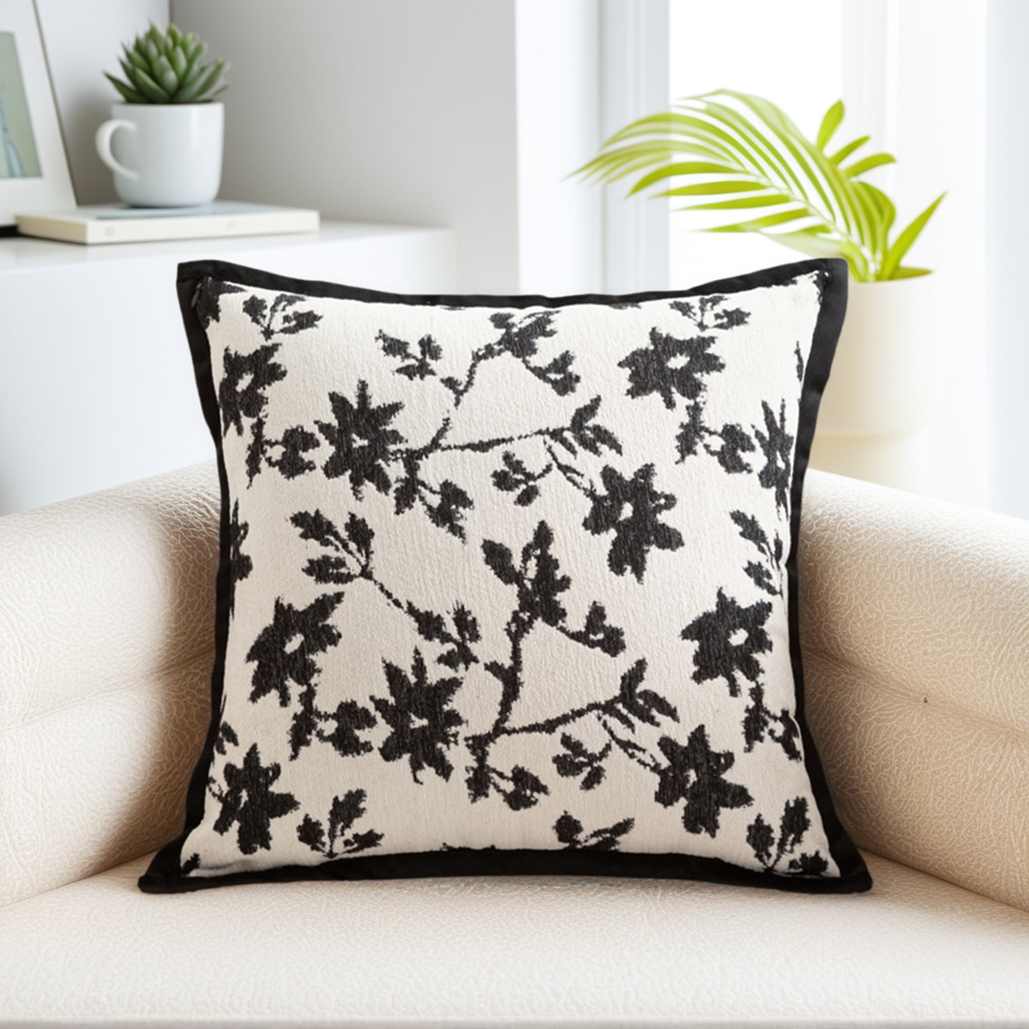 Unique Bargains Set of 2 Chenille Leaves Jacquard Throw Pillow Covers Black