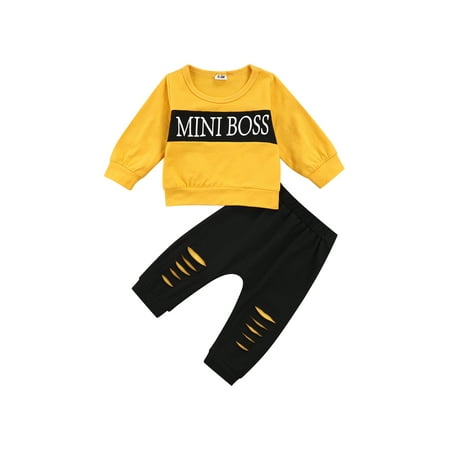 

Canrulo Newborn Baby Boys Clothes MINI BOSS Letter Printed Long Sleeve Sweatshirt + Ripped Pants Set Yellow 3-6 Months