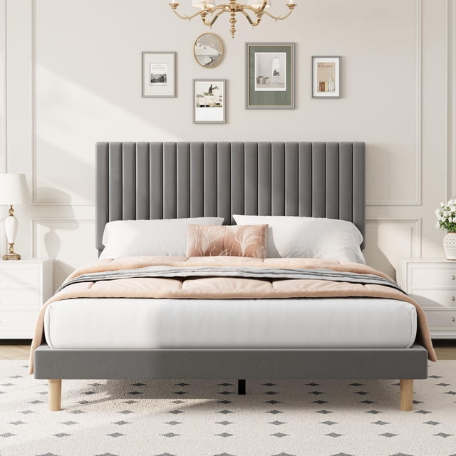GloryStar Vertical Channel Tufted Velvet Bed Frame, Adjustable Headboard Platform Bed with Wooden Slats, No Box Spring Required