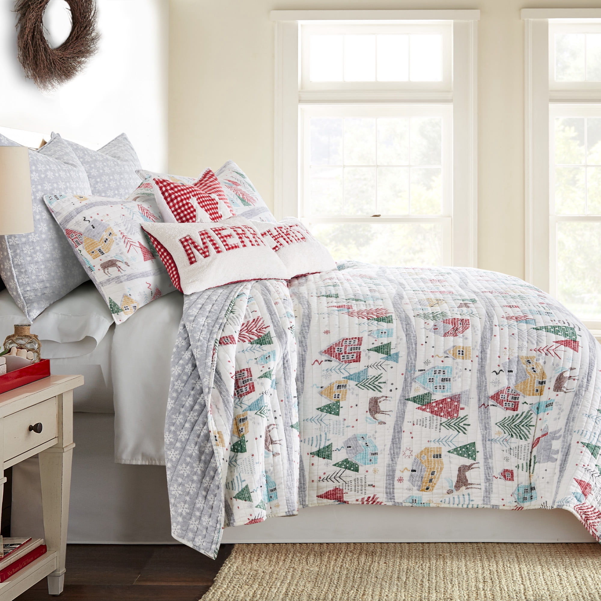 Levtex Home - Joulset Quilt Set - King Quilt and Two King Shams - Winter Woods - White, Green, Teal and Red - Quilt (106x92in.) and Shams (20x36in.) - Reversible - Cotton