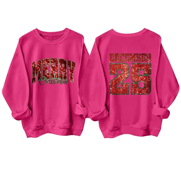Christmas T-Shirts And Sweatshirts, Women'S Sweatshirts, Long-Sleeved Pullover Sweatshirts, Women'S Long-Sleeved Tops, Fashion Letter Print, Comfortable Wear,Hot Pink,XL