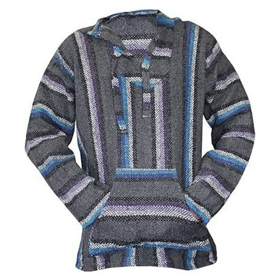 Domuza Men's Mexican Baja Hoodie Long Sleeve Classic Mexican Baja Drawstring Hooded Pullover Trendy Casual Relaxed Fit Pullover Sweater Jerga Gray L