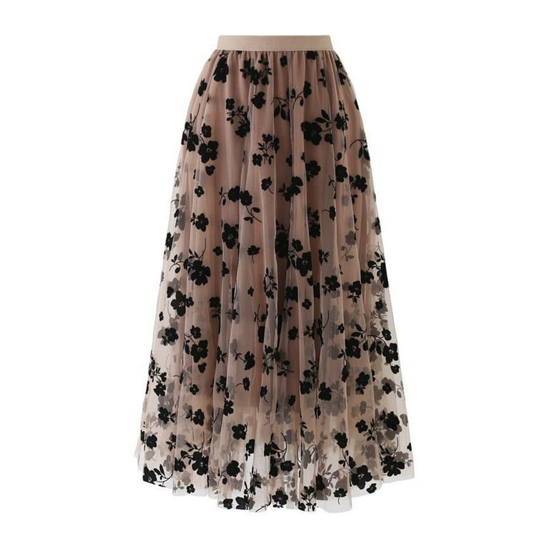 Yasu Fashion Long Skirt Net Yarn Stitching Floral Print Streetwear Women Sweet Midi Skirt for Daily Life