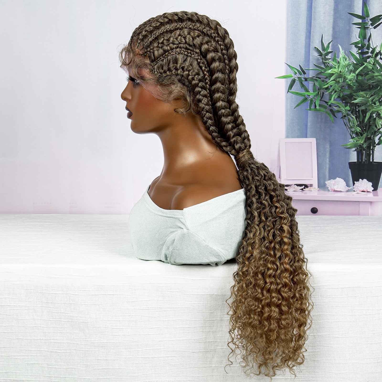 28 Inches Lace Frontal Synthetic Braided Wigs Lace Front Braided Ponytail Wig Natural Knotless with Baby Hair for Black Women Daily Use (1B/27 Color)