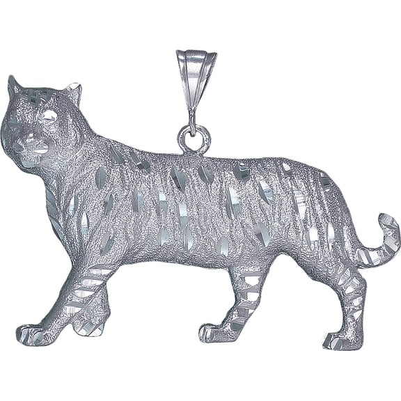 Huge Heavy Sterling Silver Tiger Pendant Necklace 40 Grams 3.25 Inches with Diamond Cut Finish and 24 Inch Figaro Chain