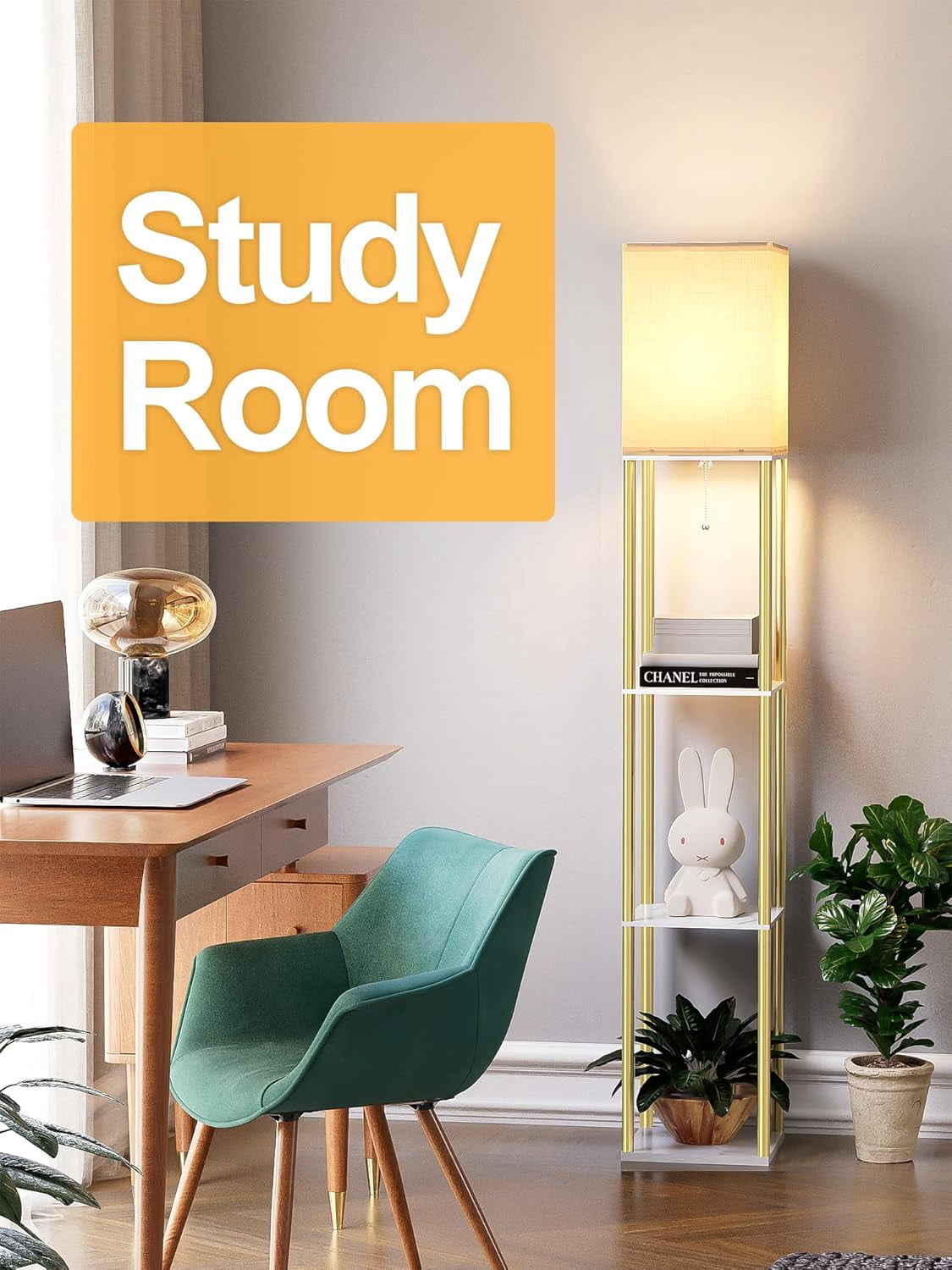Floor Lamp with Shelves for Living Room, Shelf Floor Lamp with 3 CCT LED Bulb, Corner Display Standing Column Lamp Etagere Organizer Tower Nightstand with White Linen Shade for Bedroom, Office