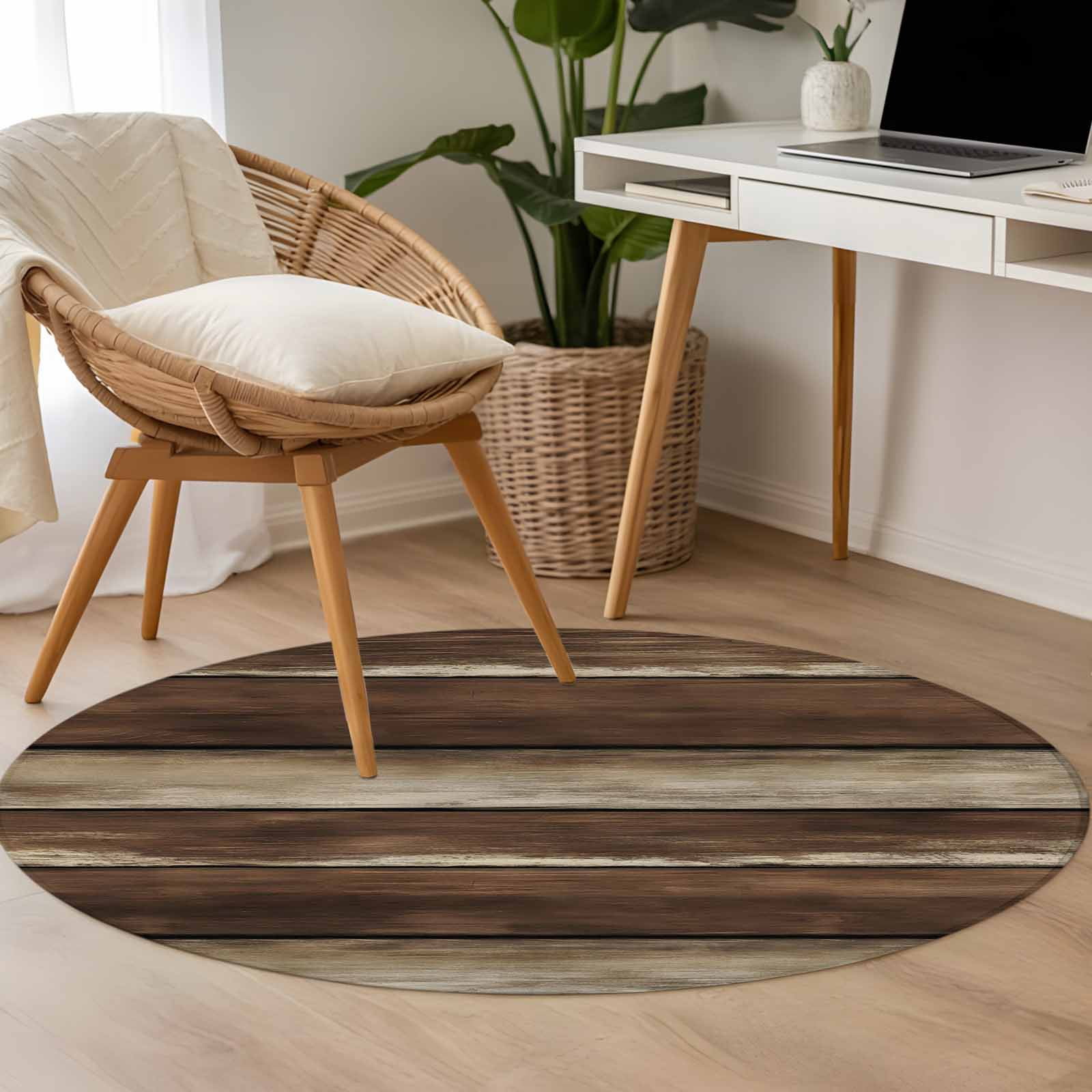 Round Area Rugs Collection 4 Ft, Brown Wooden Non-Slip Residential Carpet, Vintage Farmhouse Retro Art Indoor Crawling Mats Runner Rugs for Living Room/Dining Room/Bedroom