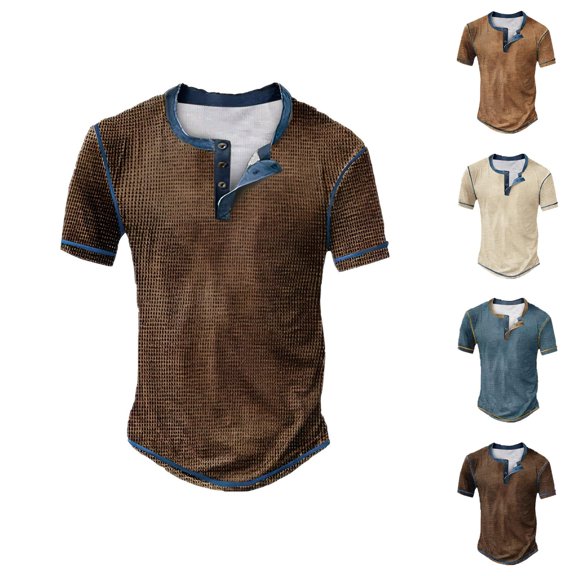 Henley Shirts for Men Summer Solid Casual Short Sleeve Waffle Weave Mens T-Shirts Renaissance Top